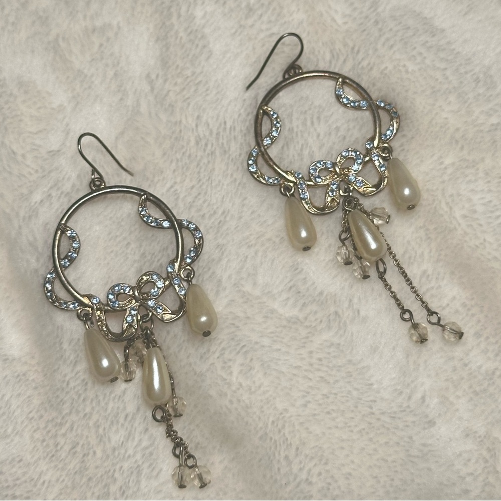 Blue Bow Silver and Cream Drop Earrings